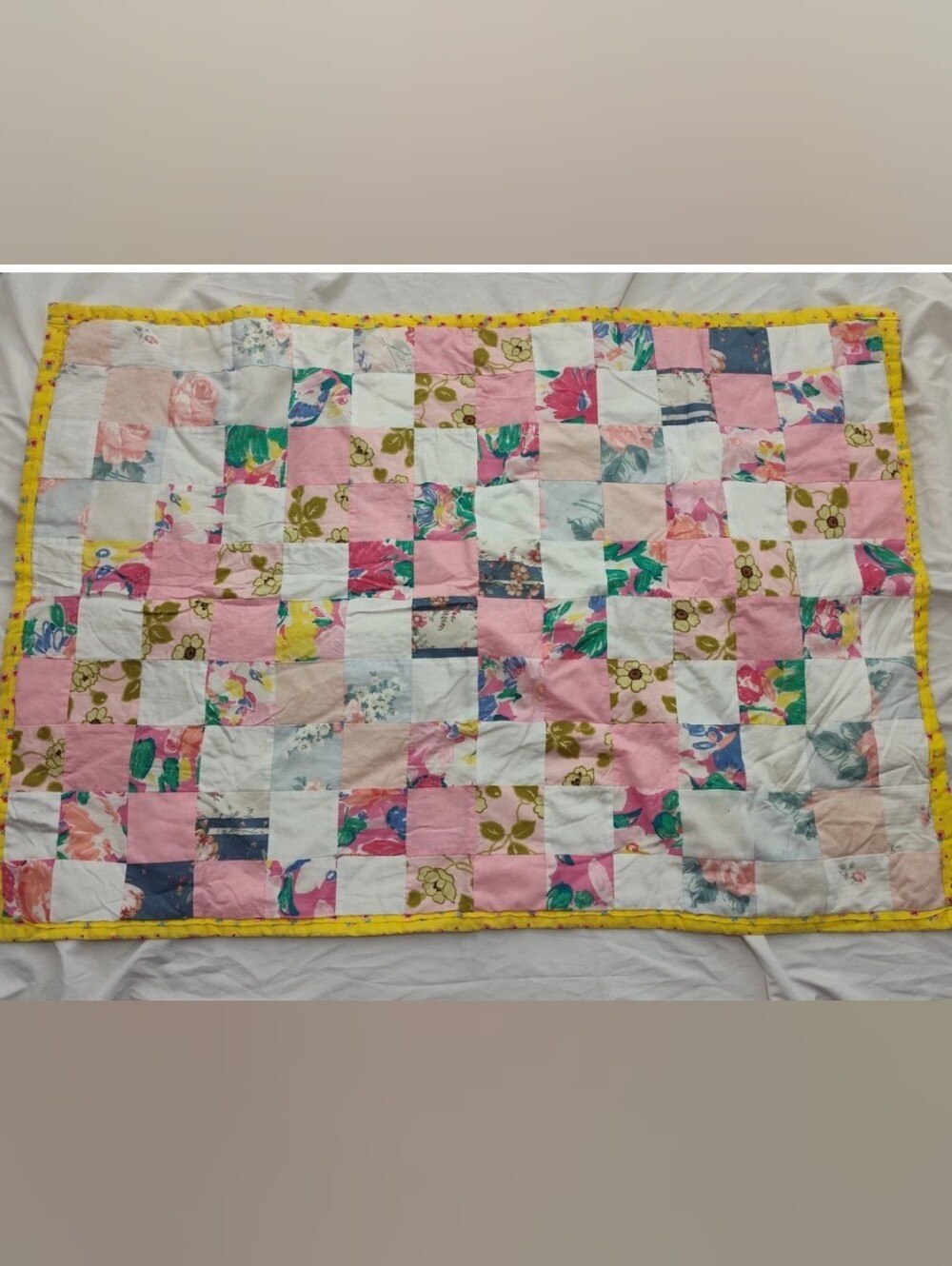 Vintage Handmade Patchwork Quilt Pink Floral (F) Yellow W Red Flowers (B)
